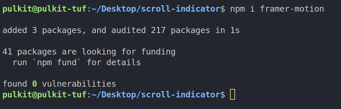 Terminal showing framer-motion installation