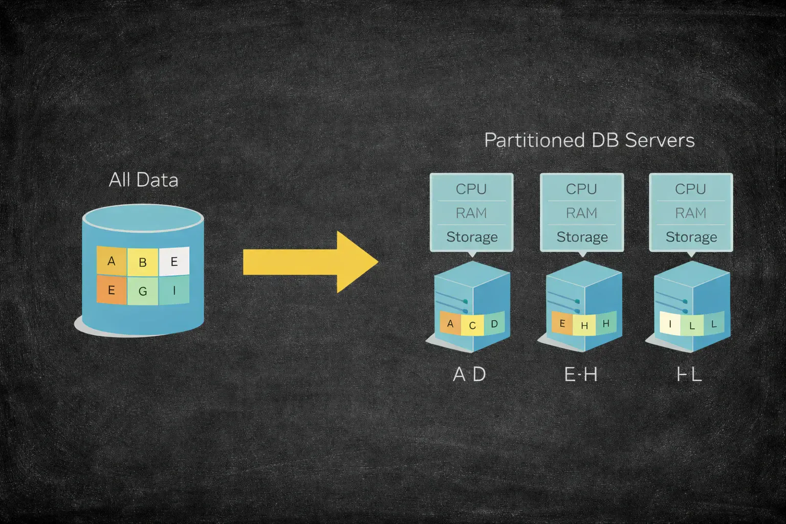 Diagram showing horizontal partitioning splitting data by rows