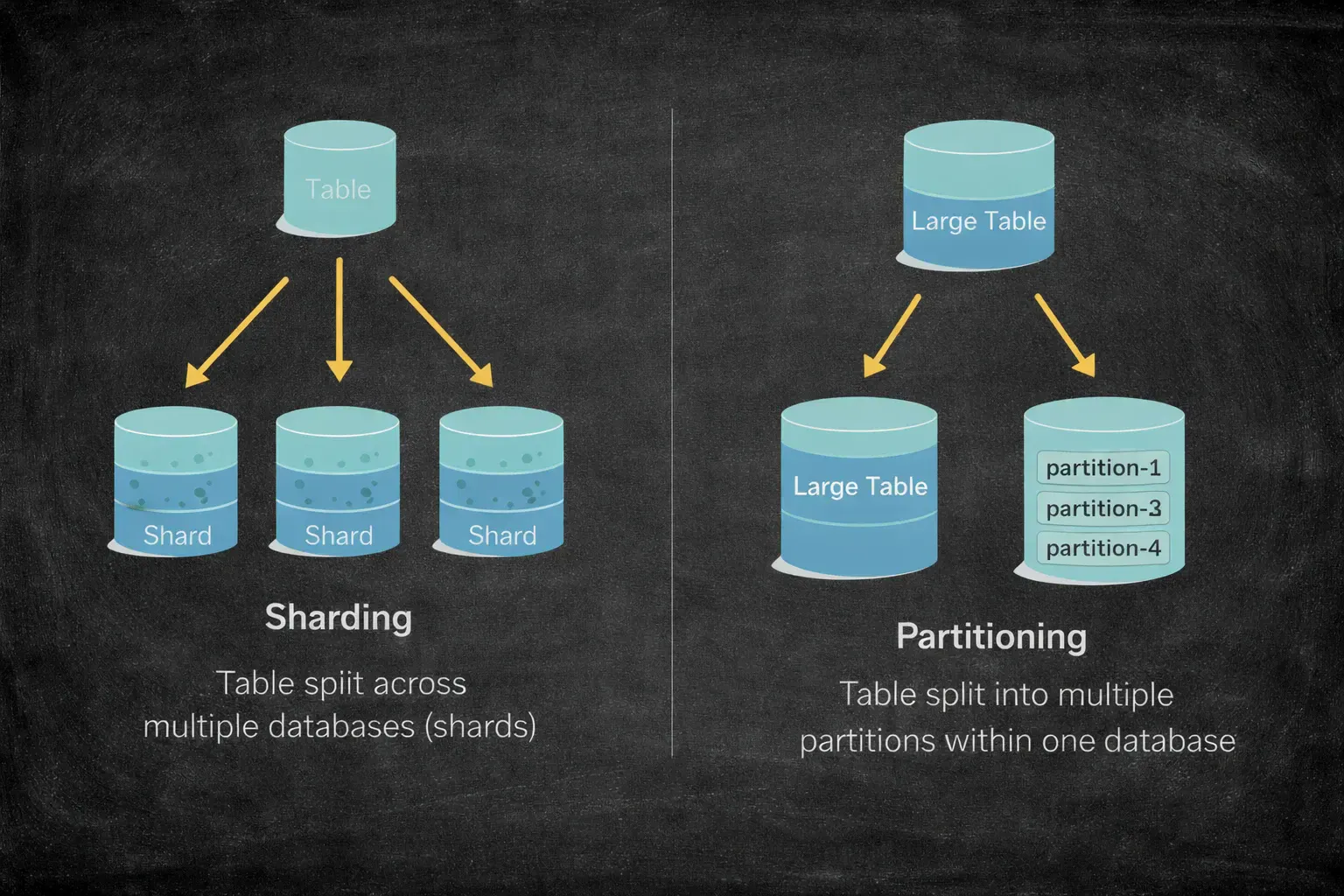 Diagram comparing sharding across servers vs partitioning within a single server