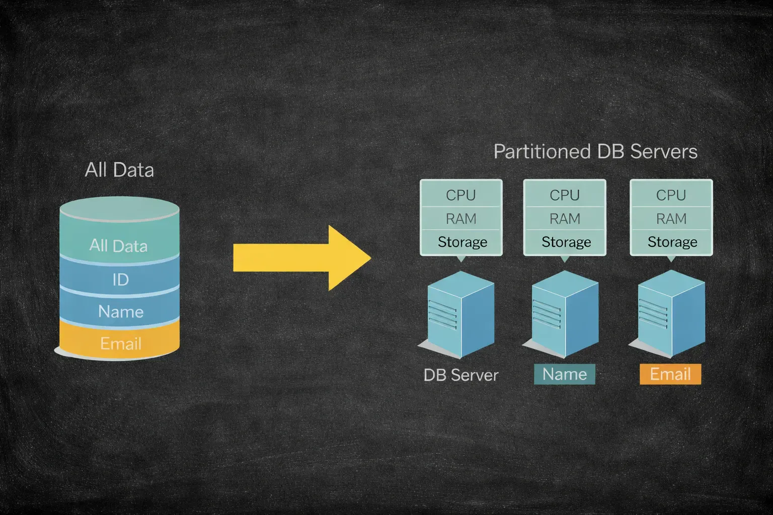 Diagram showing vertical partitioning splitting data by columns