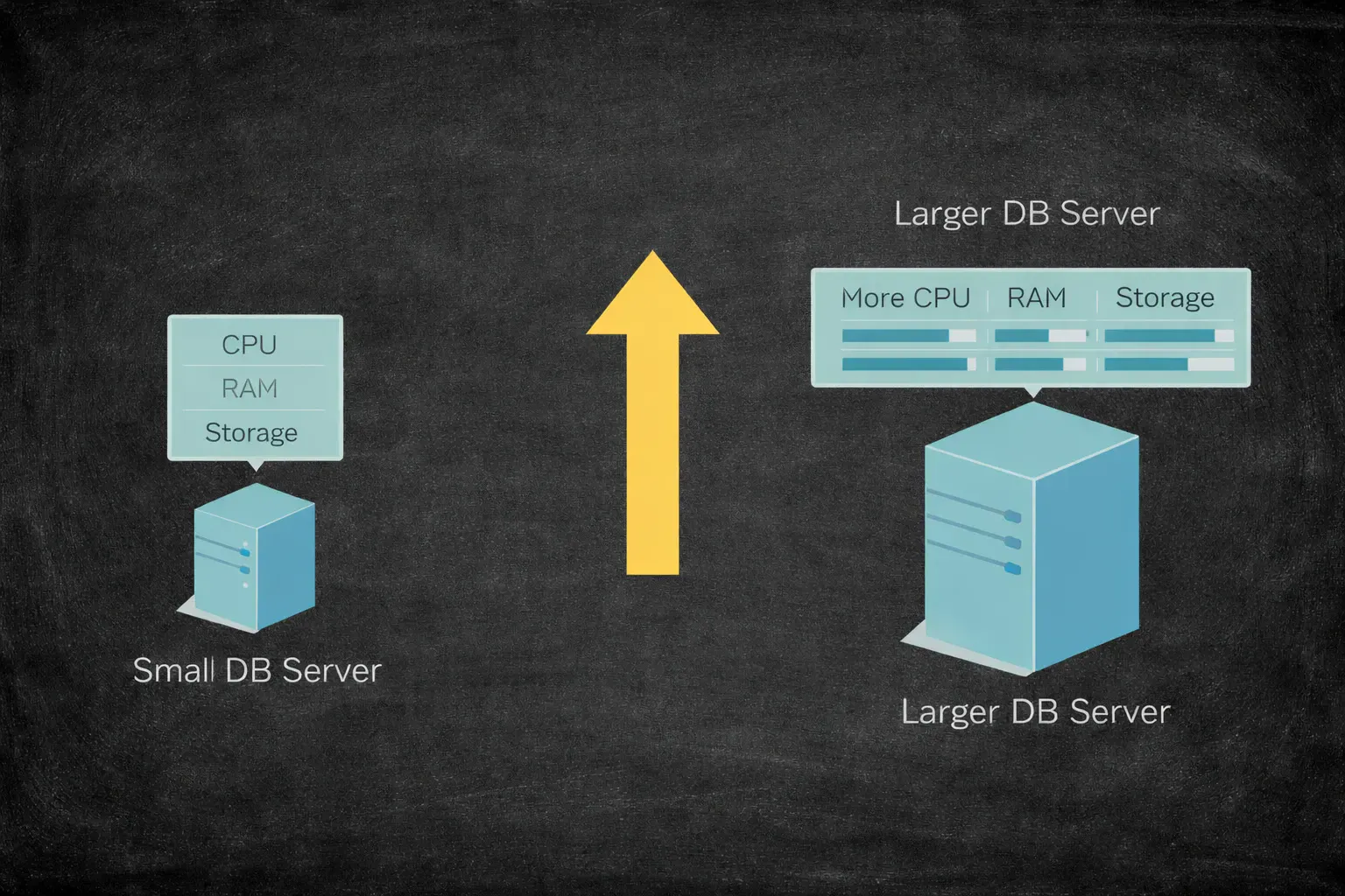 Diagram showing vertical scaling by adding more CPU, RAM, and disk to a single server