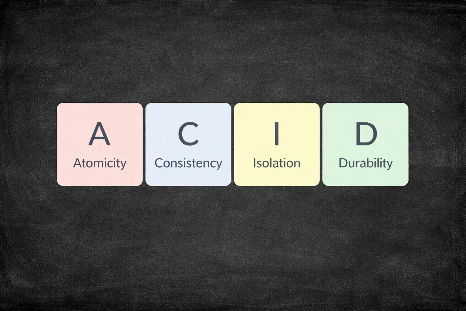 ACID properties diagram showing Atomicity, Consistency, Isolation, and Durability