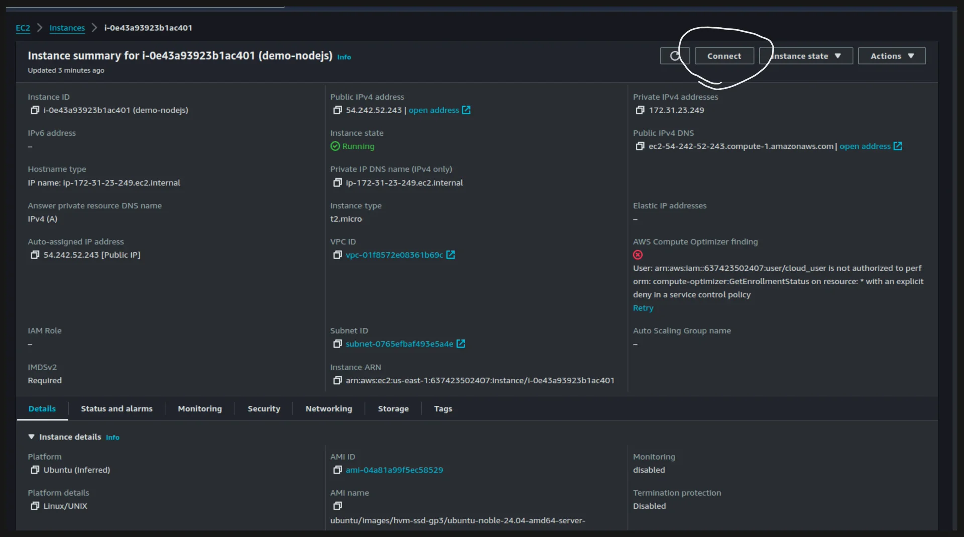 EC2 instance connect button