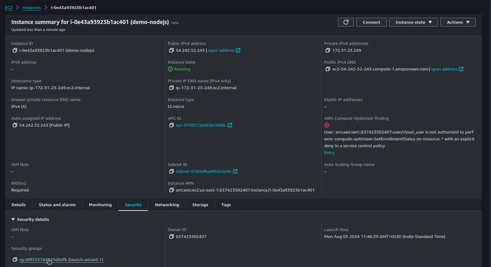 EC2 instance security tab