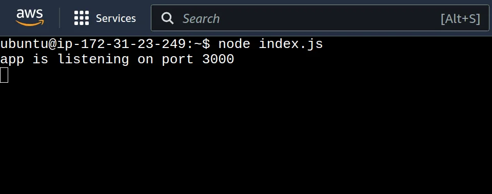 Terminal showing Node.js server running on EC2