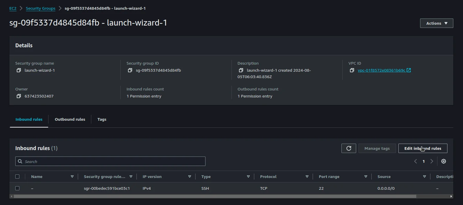 Security group edit inbound rules button