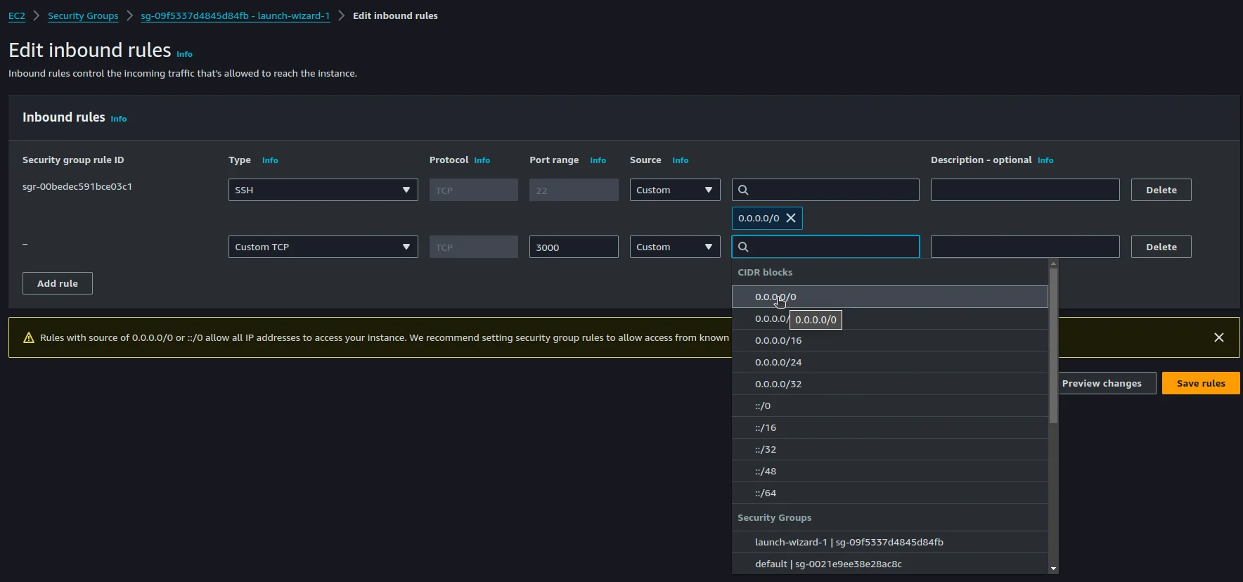 Edit inbound rules page