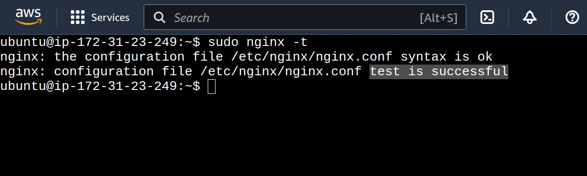 Terminal showing nginx configuration test success