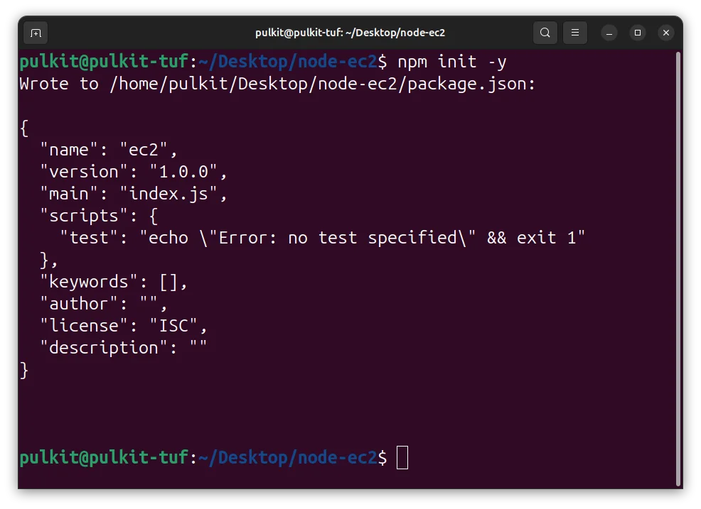 Terminal showing npm init command output