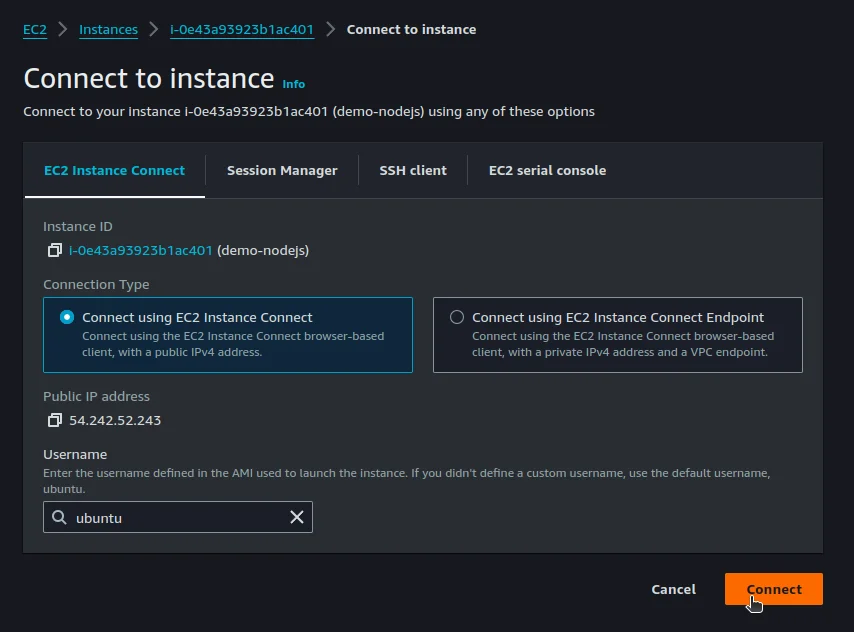 AWS EC2 connect interface