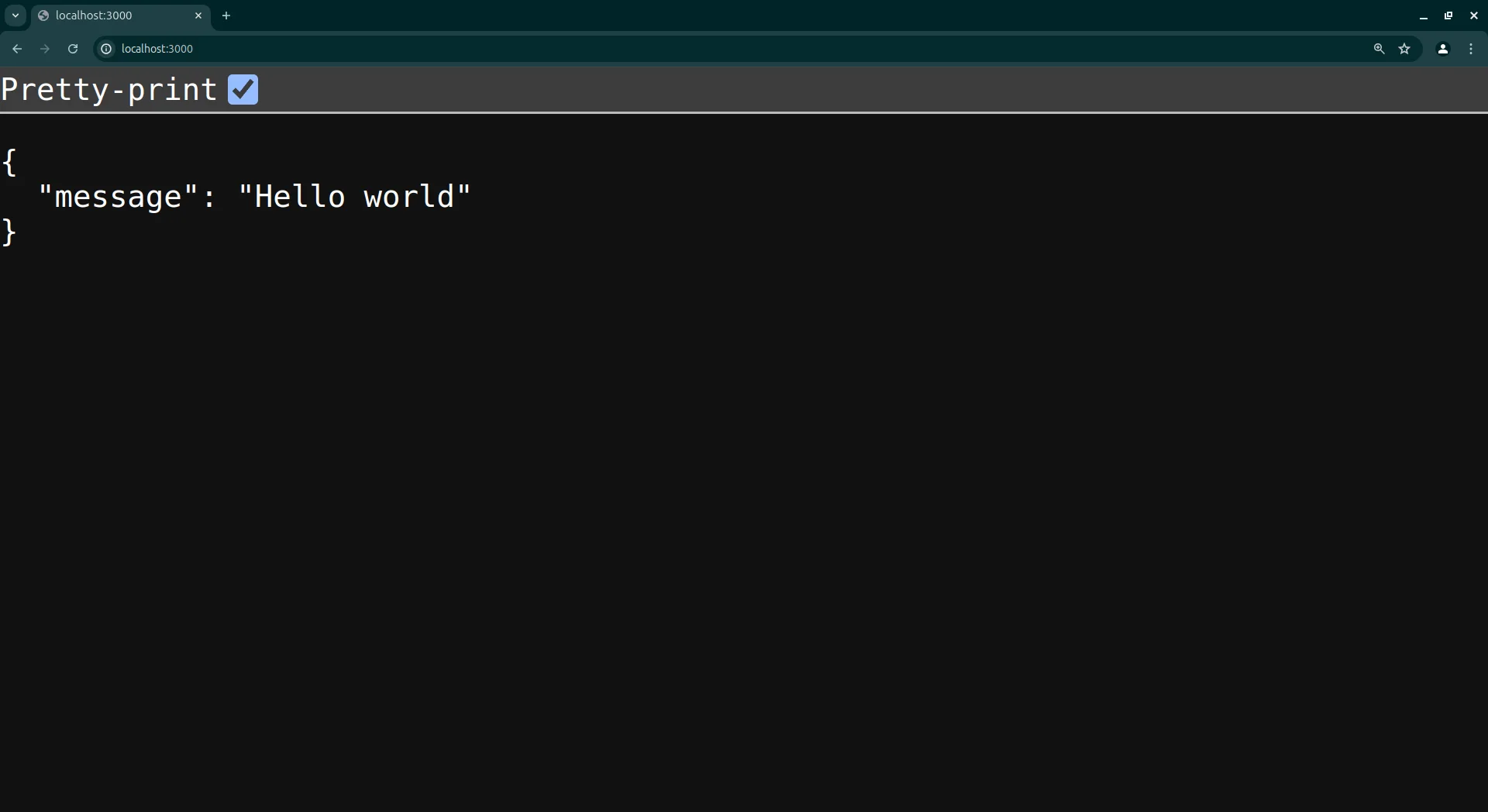 Browser showing Hello World JSON response from Express app