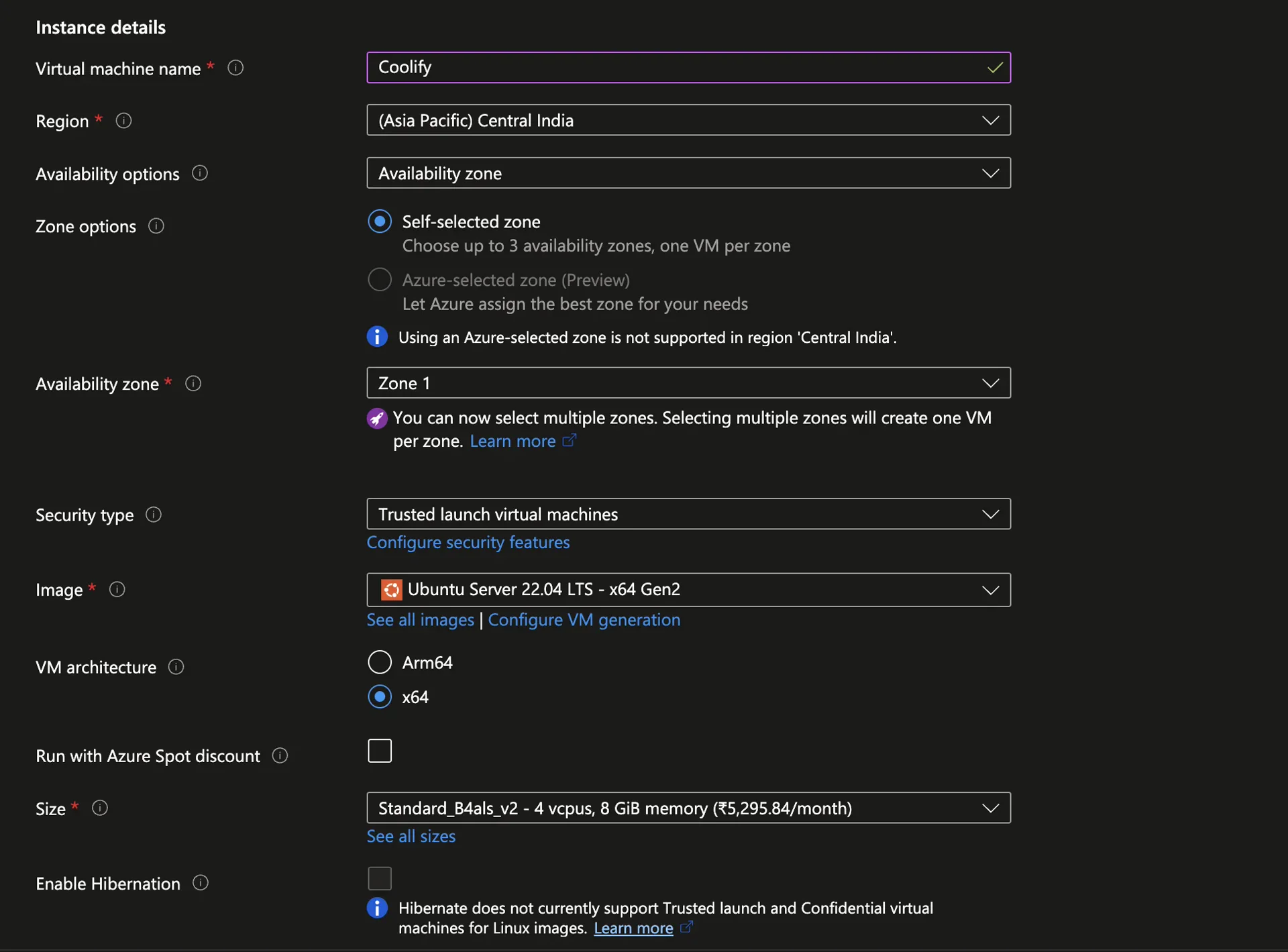 Azure VM size selection showing 8GB 4 vCPUs option