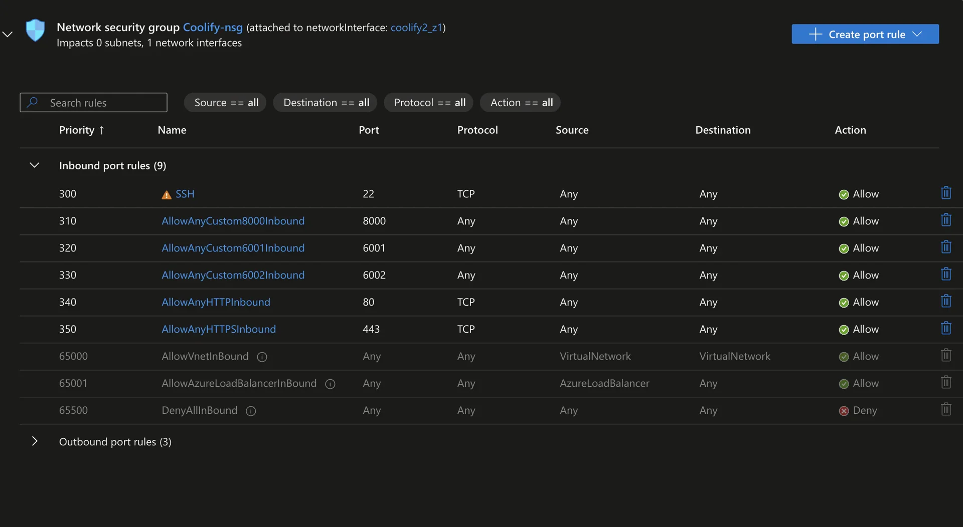 Azure networking configuration showing open ports for Coolify