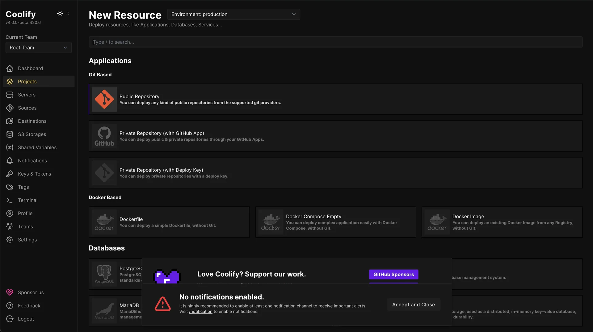 Coolify dashboard showing project overview