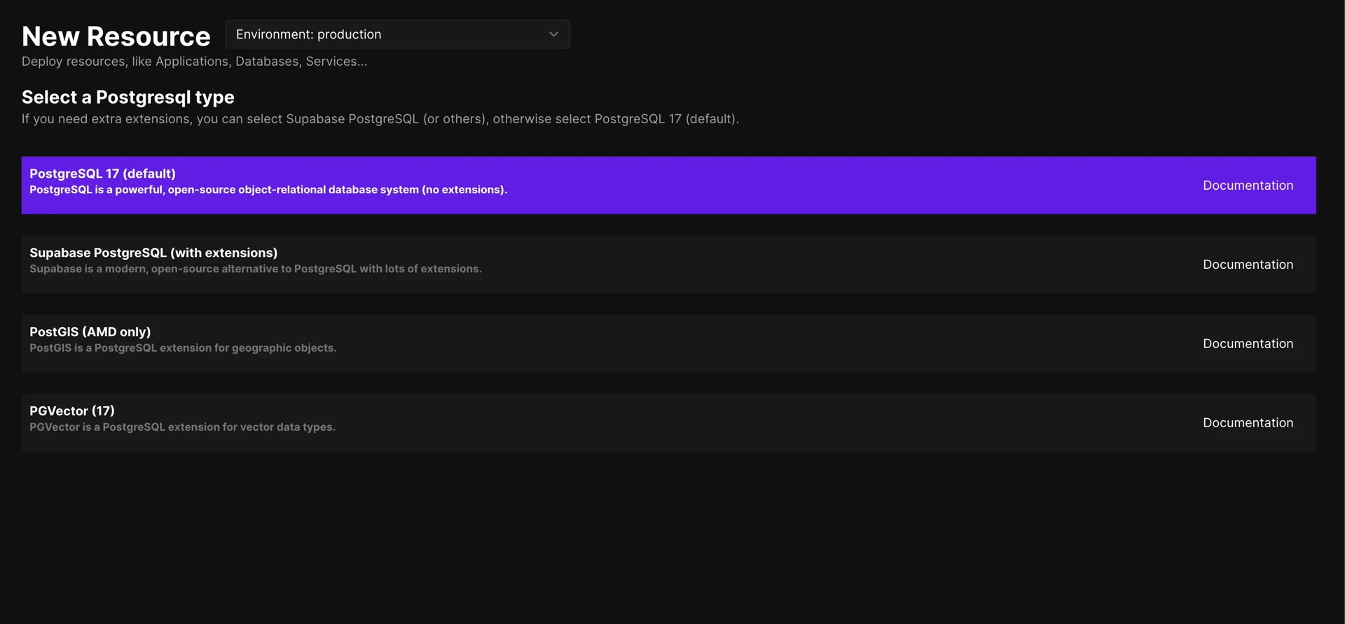 Coolify PostgreSQL database configuration page