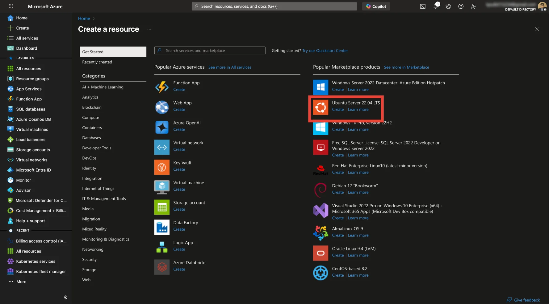 Azure portal create Ubuntu Server page