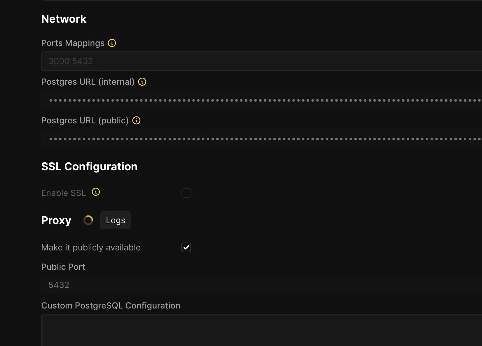 Coolify database dashboard showing internal and external connection URLs