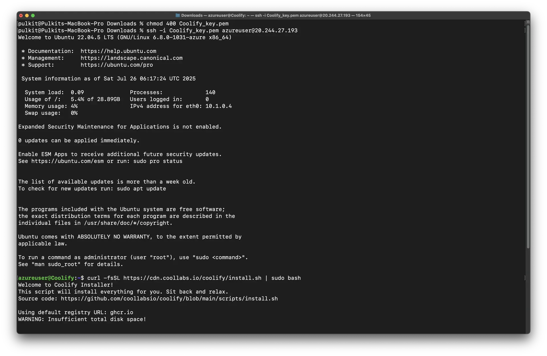 Terminal showing Coolify installation script running