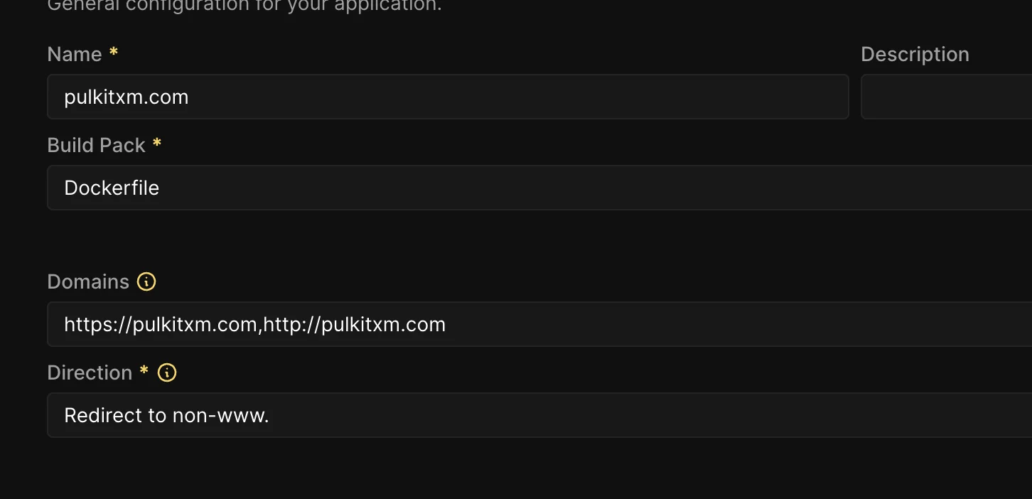 Coolify domain configuration showing custom domain setup