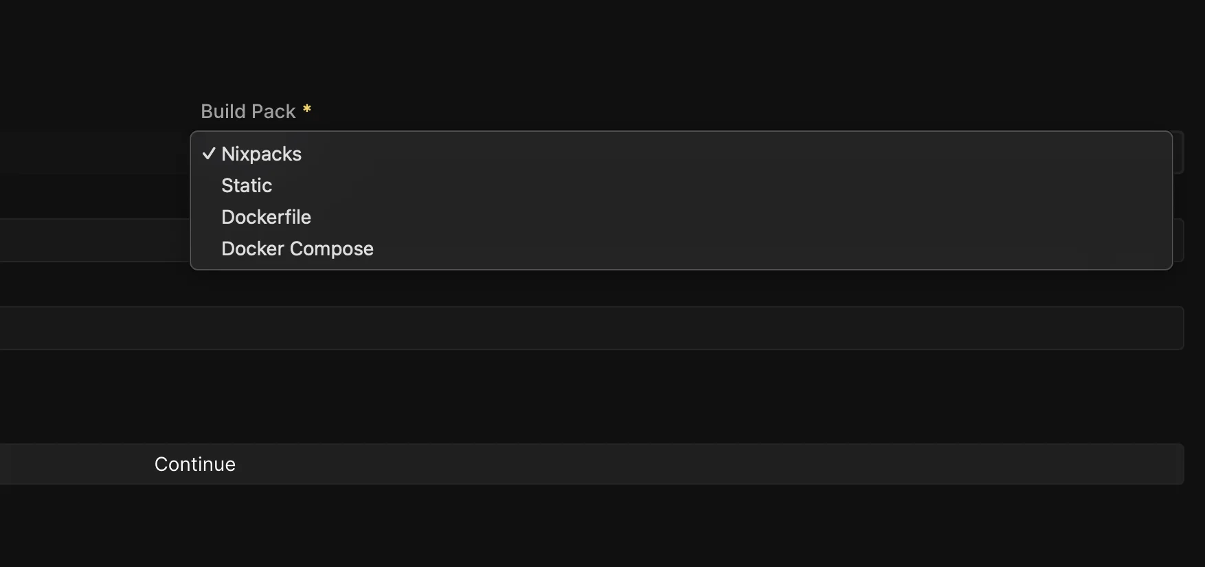 Coolify repository selection with Dockerfile buildpack option