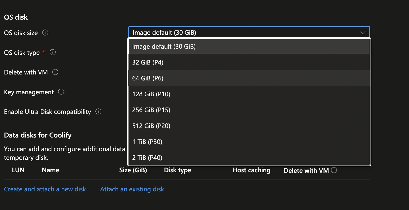 Azure VM disk configuration page