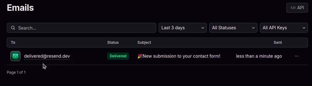 Resend dashboard showing sent emails