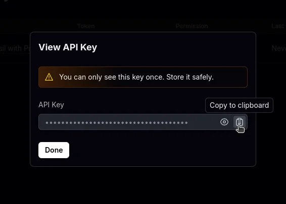 Generated API key displayed on Resend dashboard