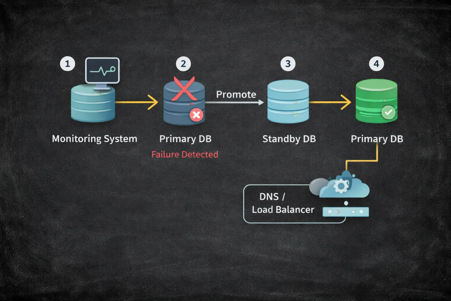 Automatic failover detecting primary failure and promoting replica