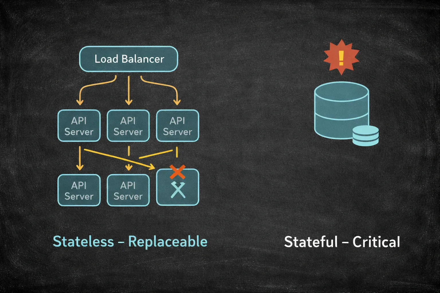 API servers are stateless and replaceable, databases are stateful and critical
