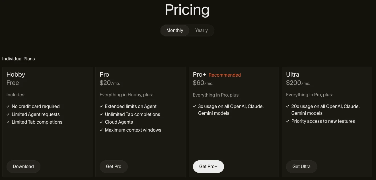 Cursor individual plans pricing - Hobby (Free), Pro ($20/mo), Pro+ ($60/mo), Ultra ($200/mo)
