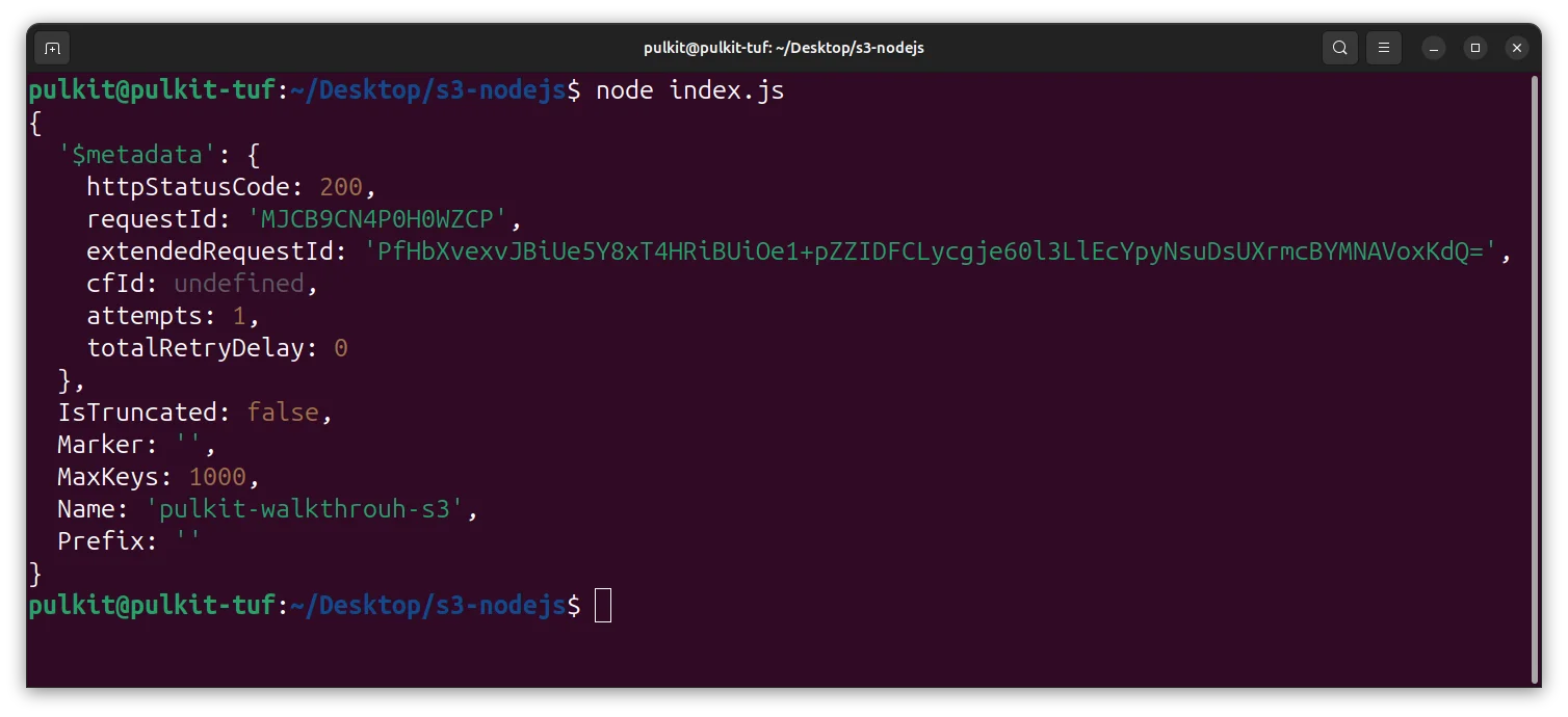 Terminal showing list of objects in S3 bucket