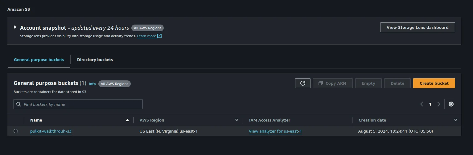AWS S3 console showing newly created bucket