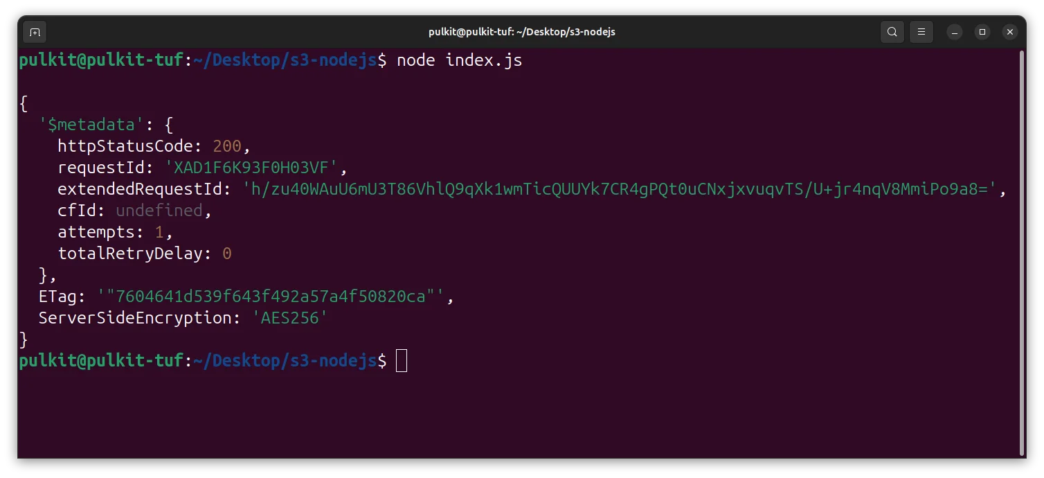 Terminal showing file uploaded to S3 successfully
