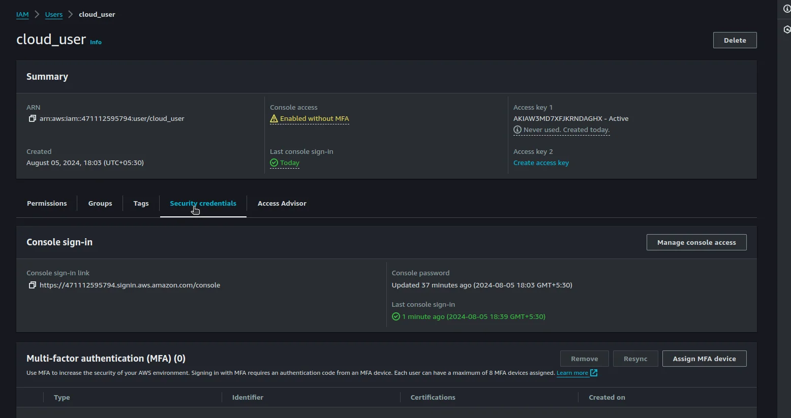 IAM user security credentials tab