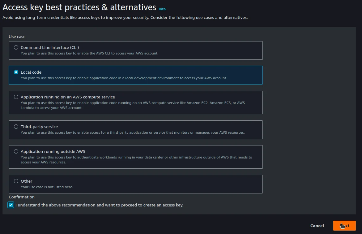 Select local code use case for access key