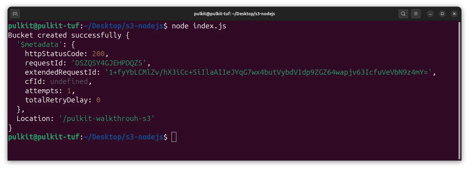 Terminal showing S3 bucket created successfully