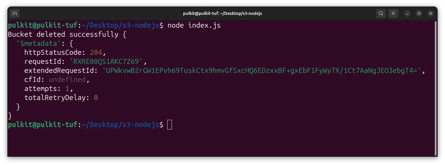 Terminal showing S3 bucket deleted successfully