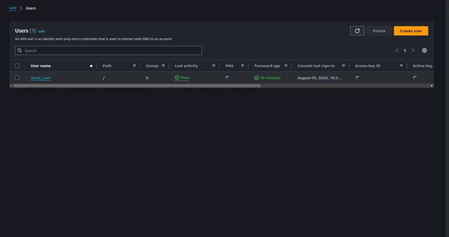 AWS IAM dashboard showing users list
