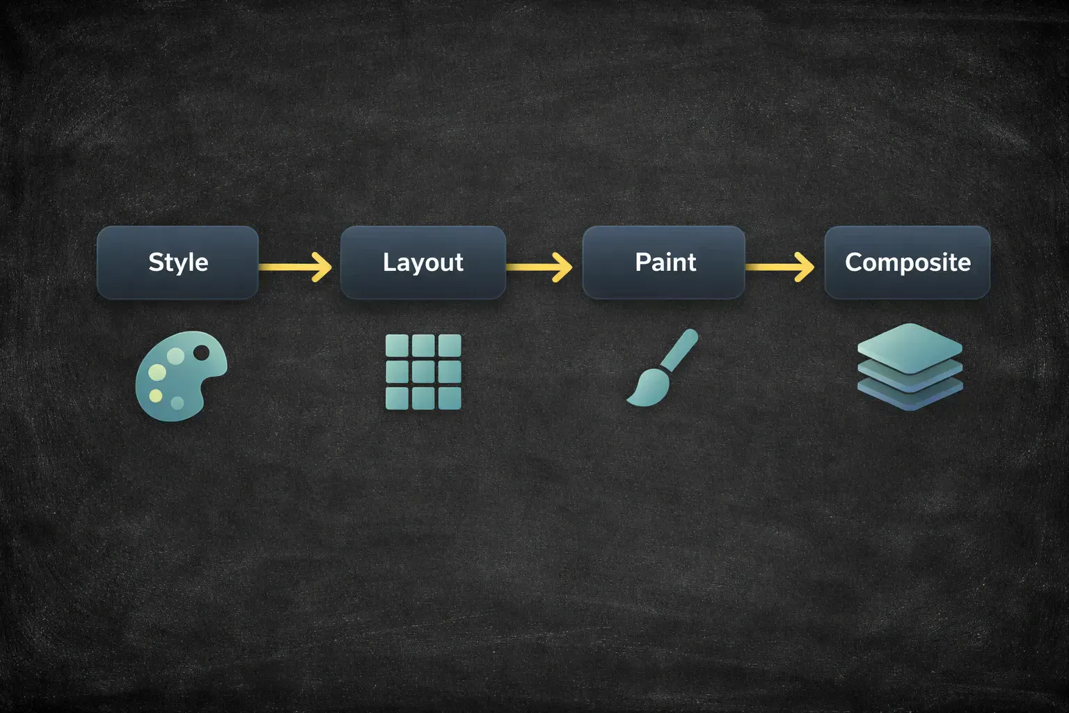Diagram showing the browser rendering pipeline with four stages: Style, Layout, Paint, and Composite