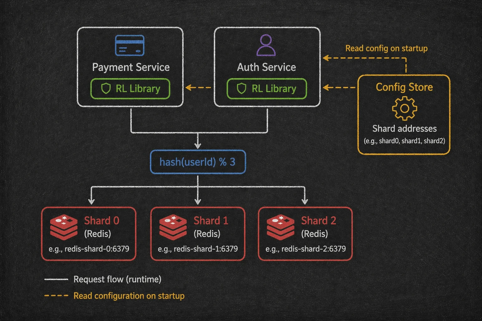 Sharded rate limiter with hash-based routing to Redis shards
