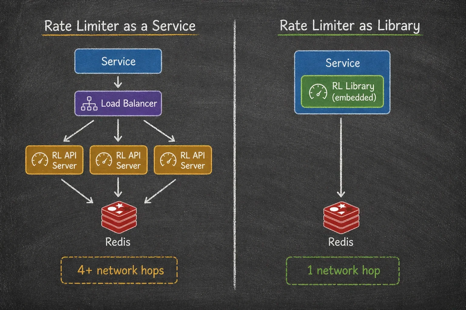 Comparison of rate limiter as a service versus as a library