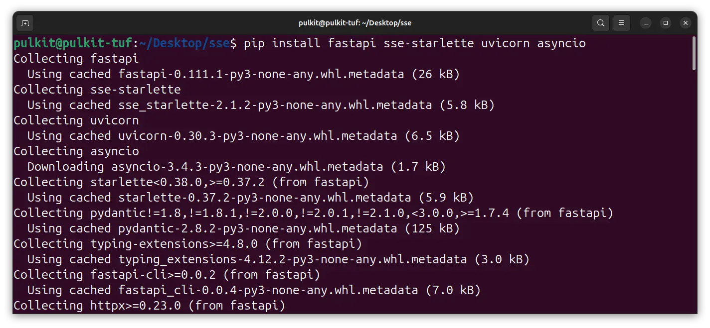 Terminal showing FastAPI dependencies installation