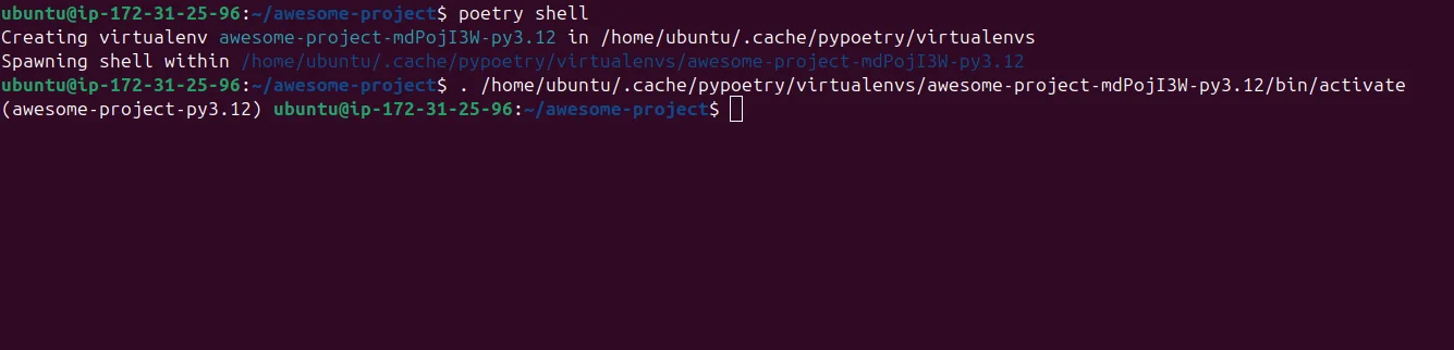 Terminal showing Poetry shell activation