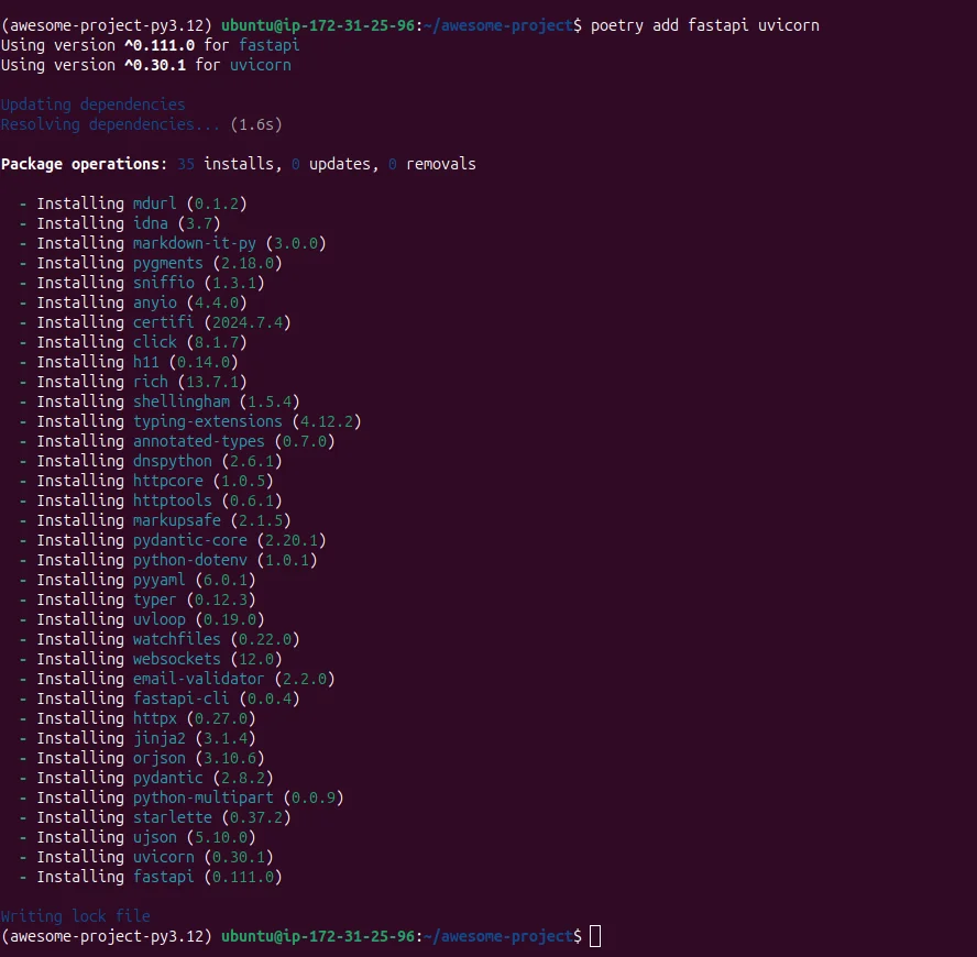 Terminal showing FastAPI and Uvicorn installation with Poetry