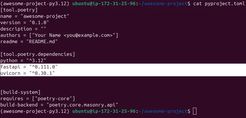 pyproject.toml file showing added dependencies