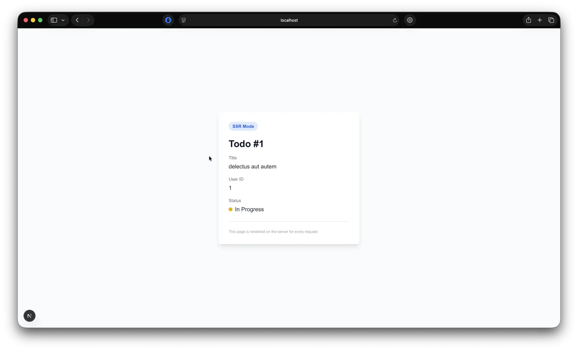 Todo page rendered with Server-Side Rendering showing todo details