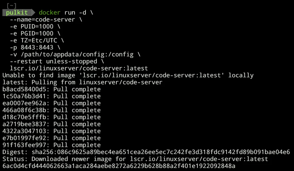 Docker run command for code-server